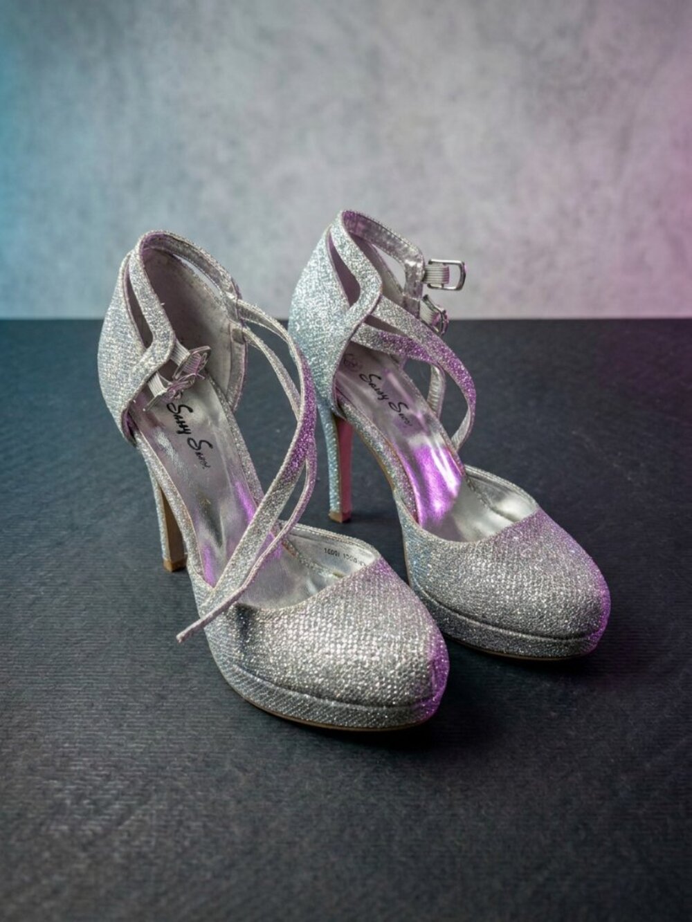 Sassy Sexy Silver Glitter Ankle Strap Stiletto Heels Sz 6.5
